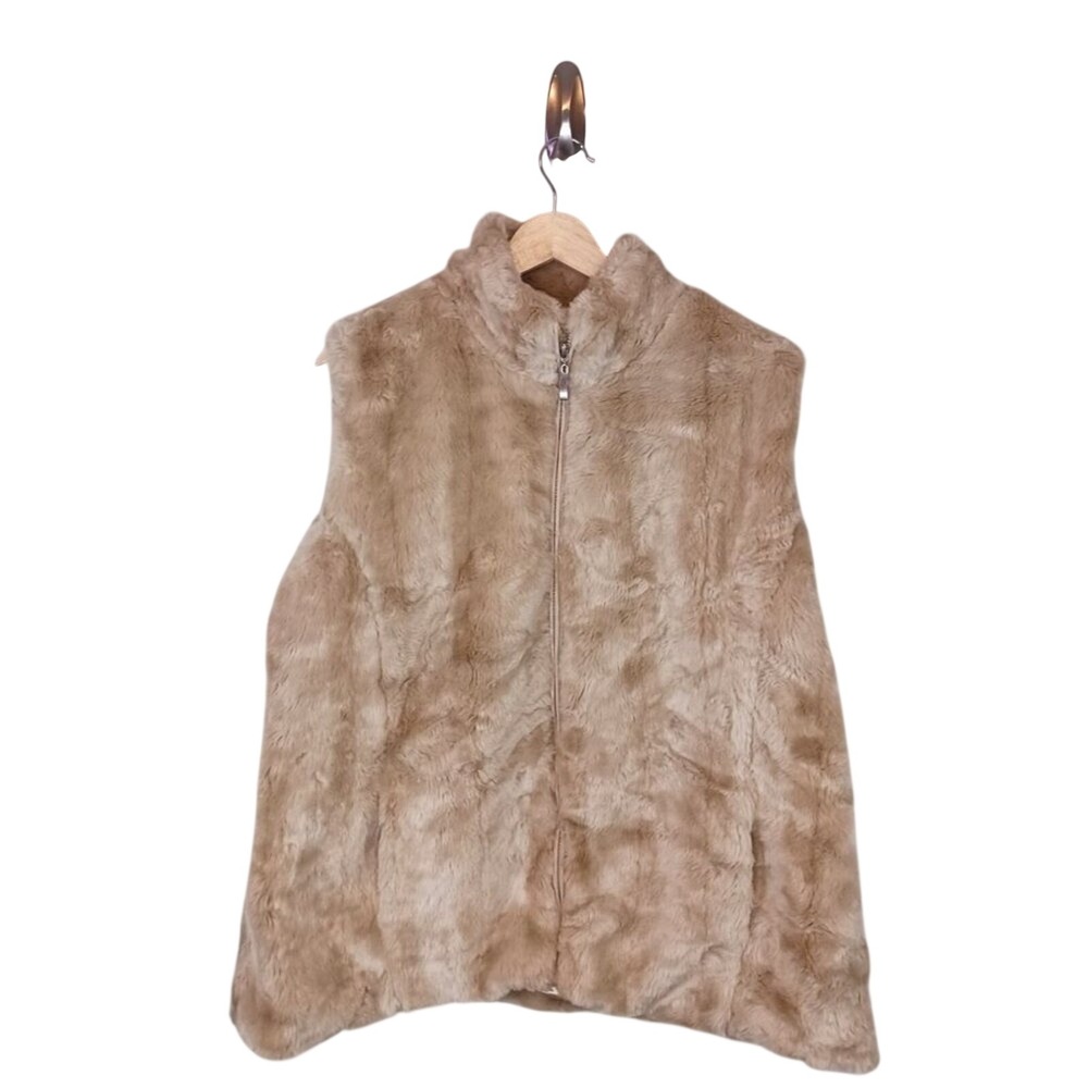 Coldwater Creek Faux Fur Vest 1X Beige Full Zip Quiet Luxury Mob Wife Layer